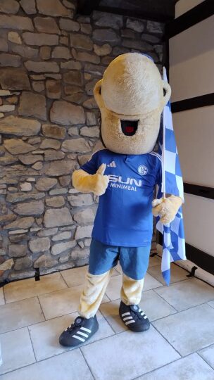 Ein Maskottchen in einem blauen Fußballtrikot mit der Aufschrift ‚SUN MINIMEAL‘ und dem Logo des FC Schalke 04 steht vor einer Steinwand. Es hält eine blau-weiße Fahne und zeigt mit einem Daumen nach oben. Das Kostüm hat übergroße Schuhe und einen großen, hellen Kopf mit offenem Mund.