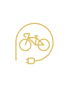 Symbol eines Fahrrads mit einem Stromstecker, das auf eine Lademöglichkeit für E-Bikes hinweist.