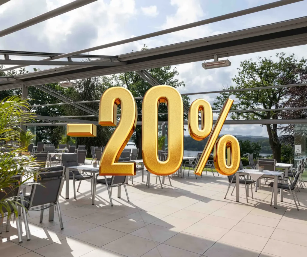 Sonnige Terrasse mit modernen Sitzgruppen im Außenbereich, darüber groß eingeblendet: ‚-20 %‘ in goldener Schrift – Hinweis auf einen Rabatt oder ein Sonderangebot
