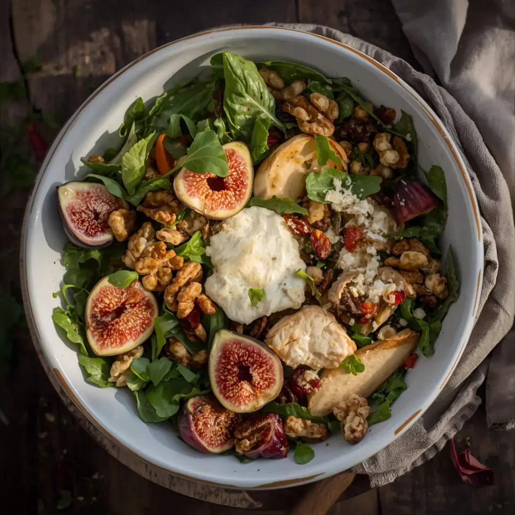 Schüssel mit einem frischen Salat aus Rucola, Feigenhälften, Walnüssen, Birnenscheiben und cremigem Käse.
