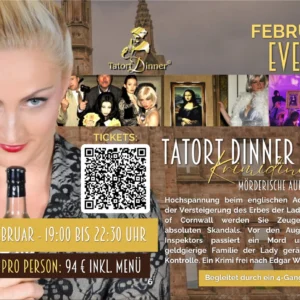 A blonde woman with a mischievous smile is holding a bottle in her hand. On the right-hand side, there are photos of actors from a crime event and a QR code. The text advertises a murder mystery dinner with the theme ‘Murderous Auction’, which will take place on 6 February from 7 p.m. to 10 p.m.