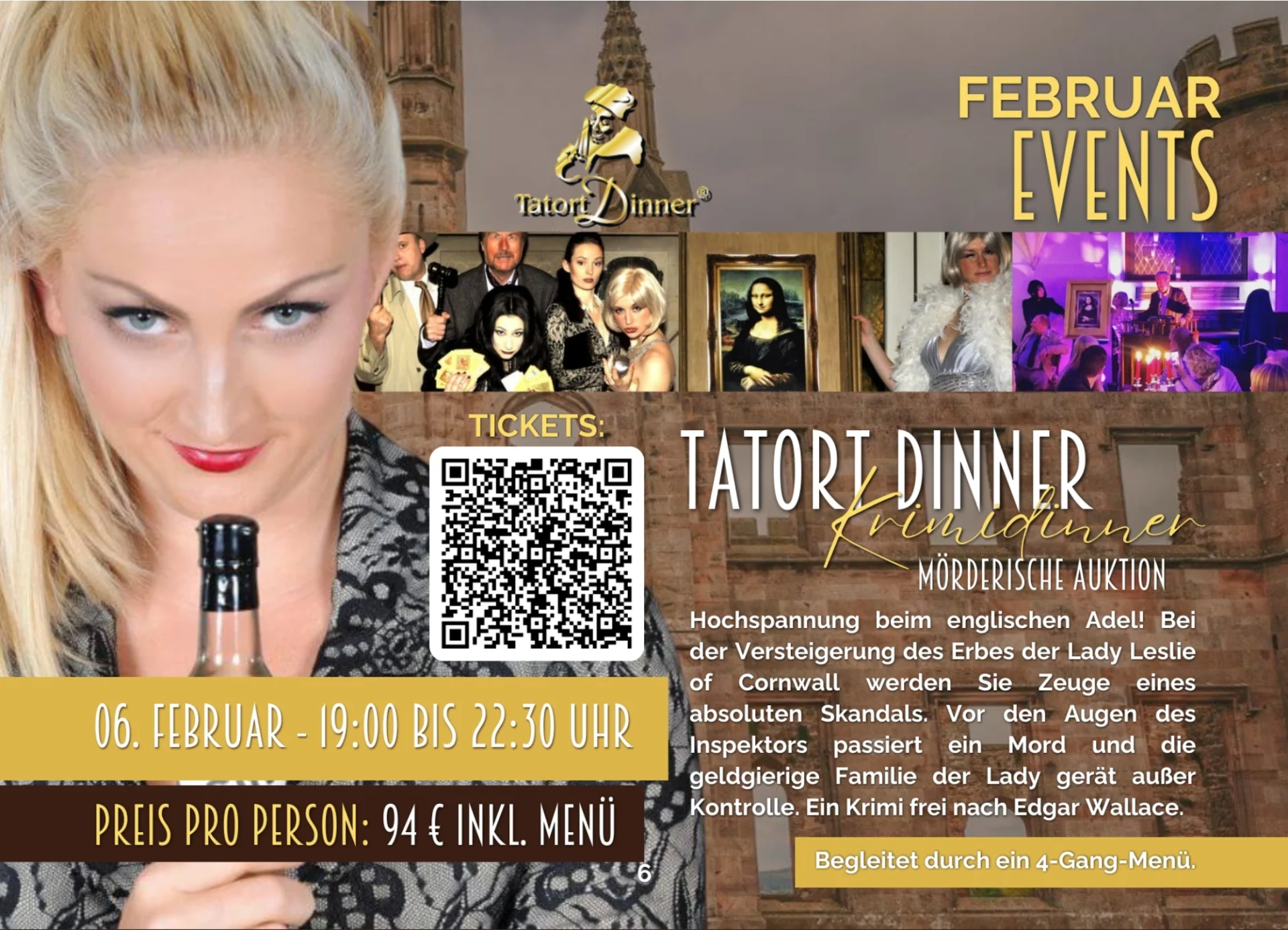 A blonde woman with a mischievous smile is holding a bottle in her hand. On the right-hand side, there are photos of actors from a crime event and a QR code. The text advertises a murder mystery dinner with the theme ‘Murderous Auction’, which will take place on 6 February from 7 p.m. to 10 p.m.