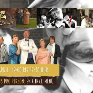 Mehrere Menschen in eleganter Abendgarderobe posieren gemeinsam; einige tragen Kostüme aus der Krimiserie "Tatort Dinner". Im Hintergrund sind Szenen aus einem Rollenspiel zu sehen, in dem es um Detektivarbeit geht. Ein stilisierter Detektiv mit Lupe und Pfeife ist im Design enthalten. Auf der unteren Hälfte steht das Datum