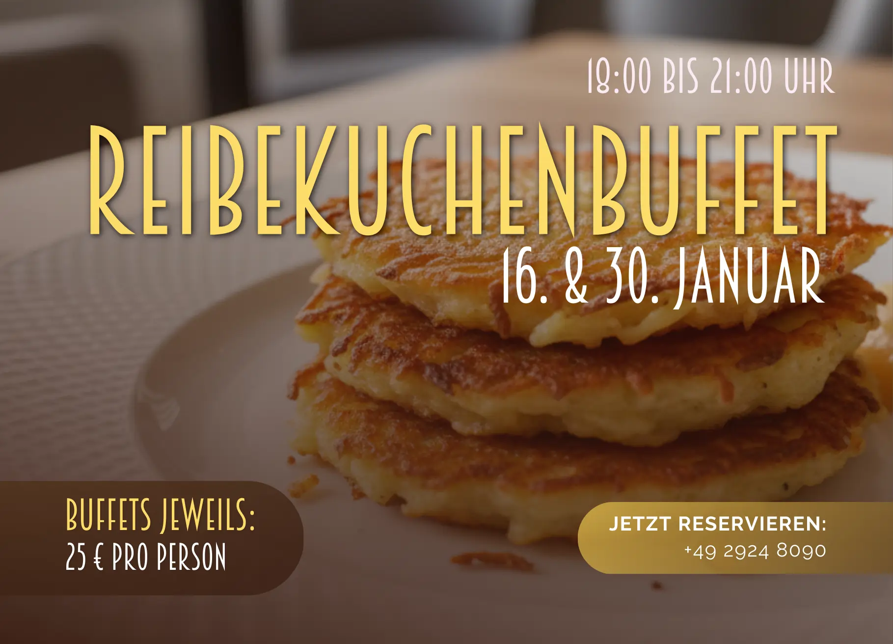 Reibekuchenbuffet im Hotel Haus Delecke am 16. & 20. Januar 2026 jeweils 18-21 Uhr. 26 Euro pro Person.