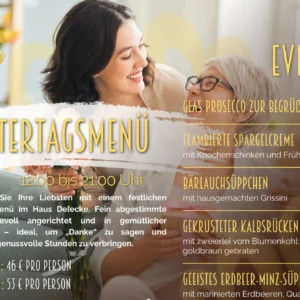 A younger woman embraces an older woman in a warm, friendly moment. Floral decorations and a cosy room atmosphere are visible in the background. The focus of the image is on the Mother's Day menu offered at Haus Delecke, which will be served on 10 May from 12:00 to 21:00.