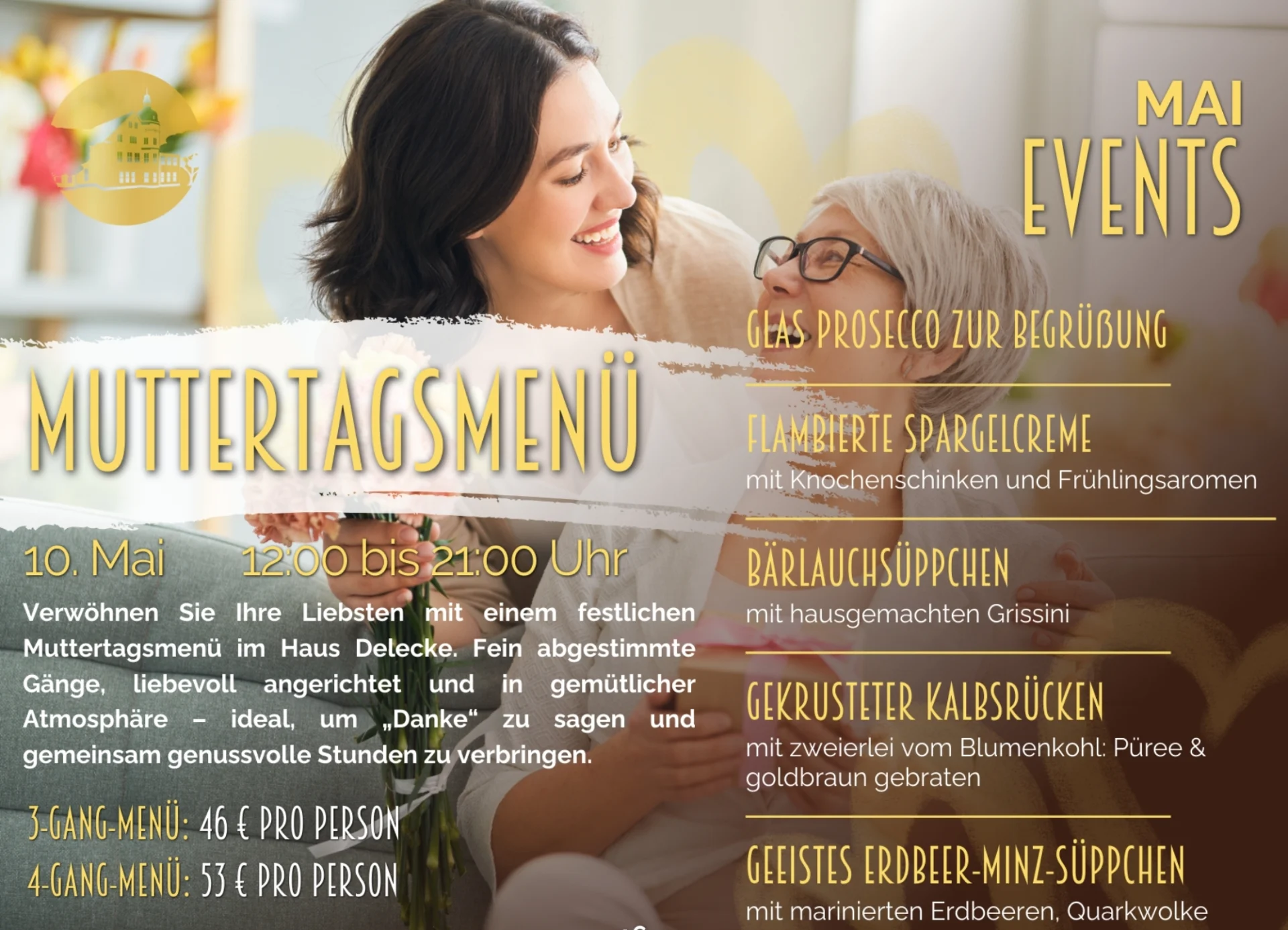 Een jongere vrouw omhelst een oudere vrouw in een warm, vriendelijk moment. Op de achtergrond zijn bloemendecoraties en een gezellige sfeer te zien. De focus van de foto ligt op het moederdagmenu in Haus Delecke, dat op 10 mei van 12:00 tot 21:00 uur wordt aangeboden.