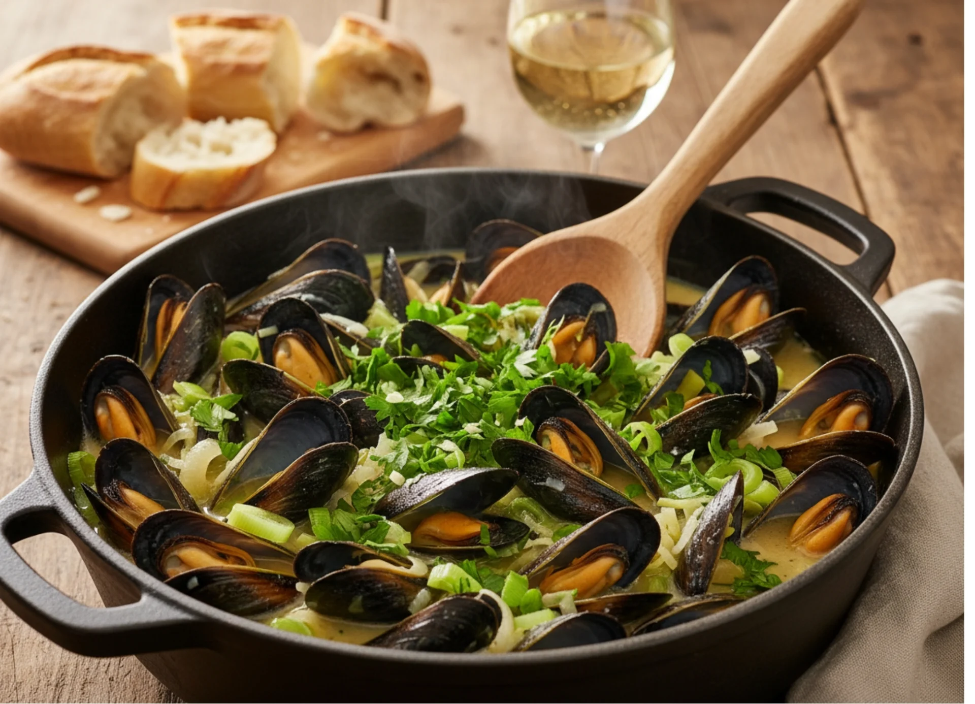 Mussels in a black pan, garnished with fresh herbs and spring onions, are placed on a rustic wooden table. A wooden ladle is used for stirring. In the background, you can see a few slices of baguette and a glass of white wine. The steam rising from the pan